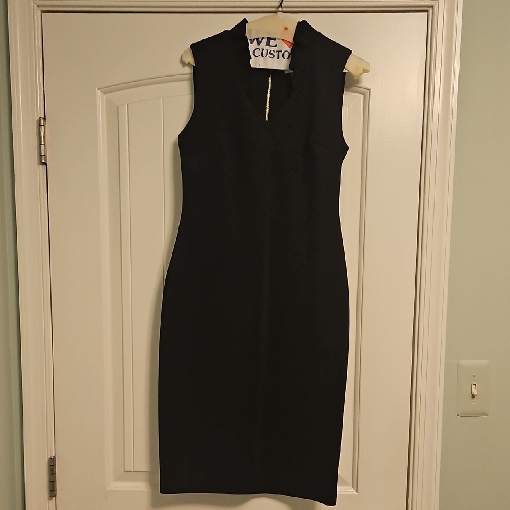 Black Sheath Midi Dress with V-Neck and Notched Collar